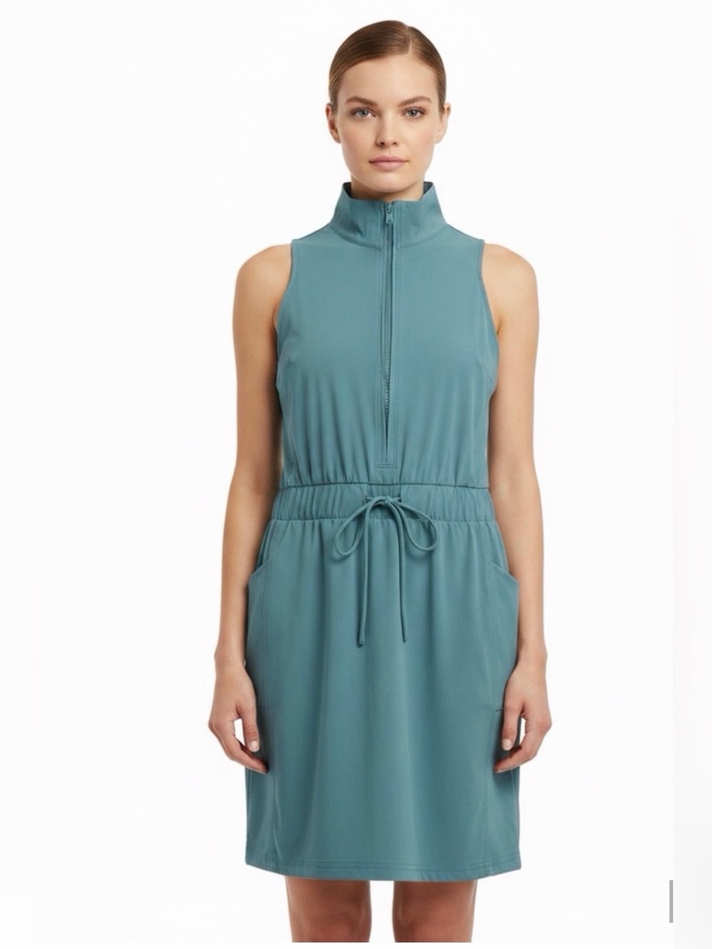 Sleeveless Zip-Neck Midi Dress in Teal with Drawstring Waist